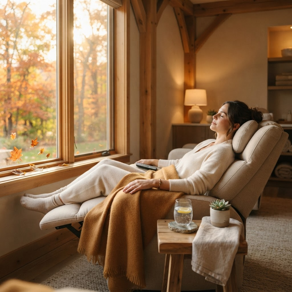 Person relaxing in a massage chair in warm autumn light, taking time to recover as part of a fall wellness routine in Palm Harbor