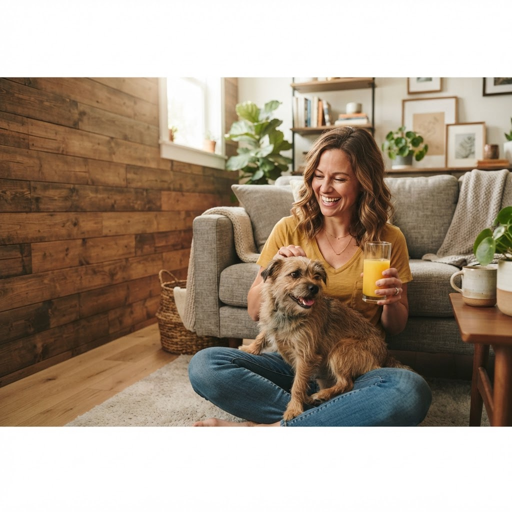 Woman relaxing at home with her dog and a glass of fresh juice, supporting her immune health before cold season in Palm Harbor