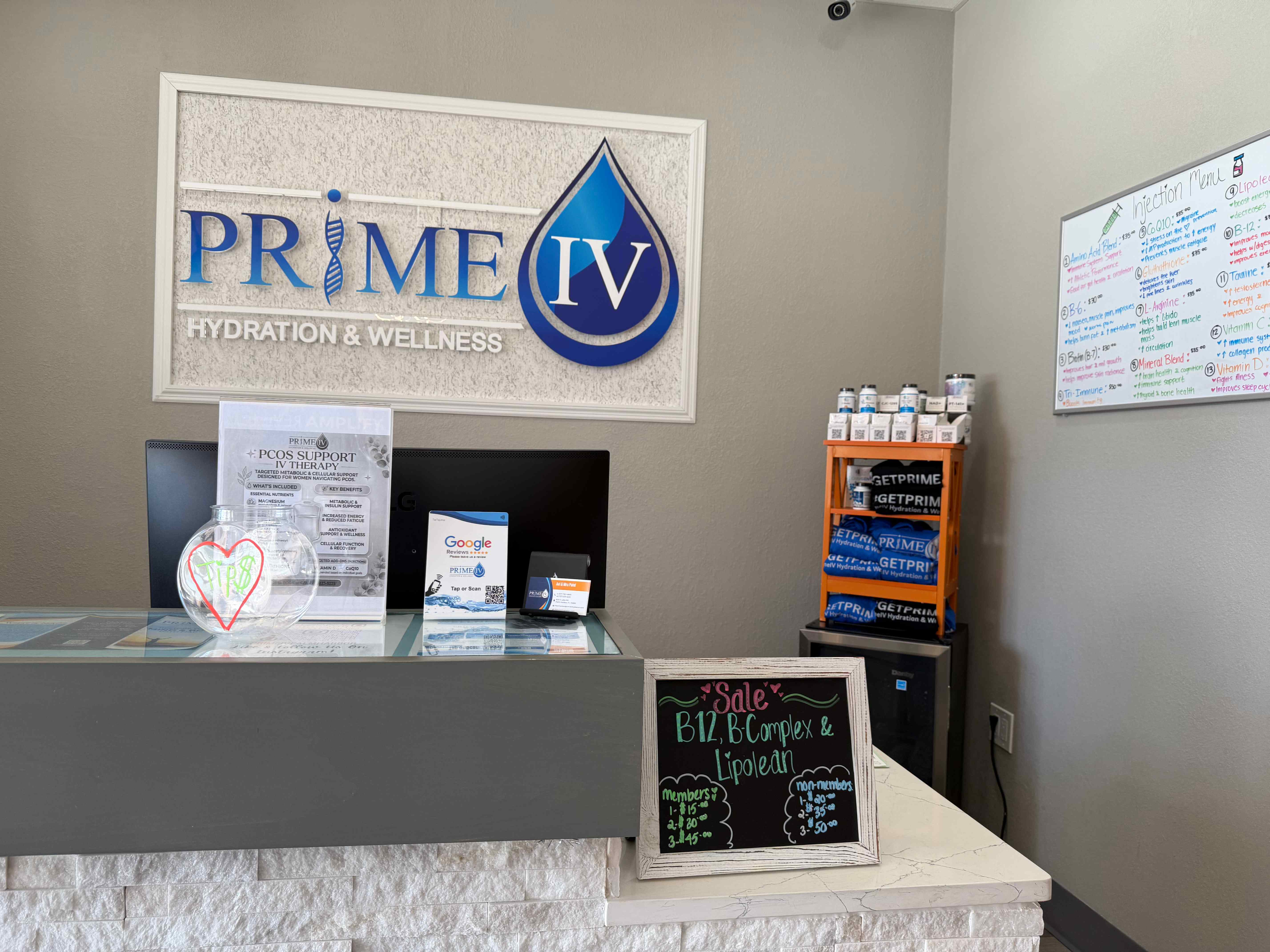 Prime IV reception area with wellness products